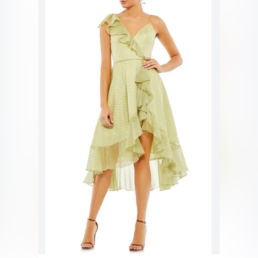 Mac Duggal One-Shoulder Ruffle Hi-Low Dress in Sage Green